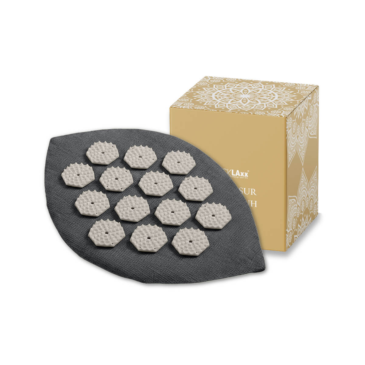 Grauer Akupressur-Handschuh in Blattform mit weißen Massage-Spikes in sechseckiger Anordnung – zur gezielten Druckpunkt-Stimulation.