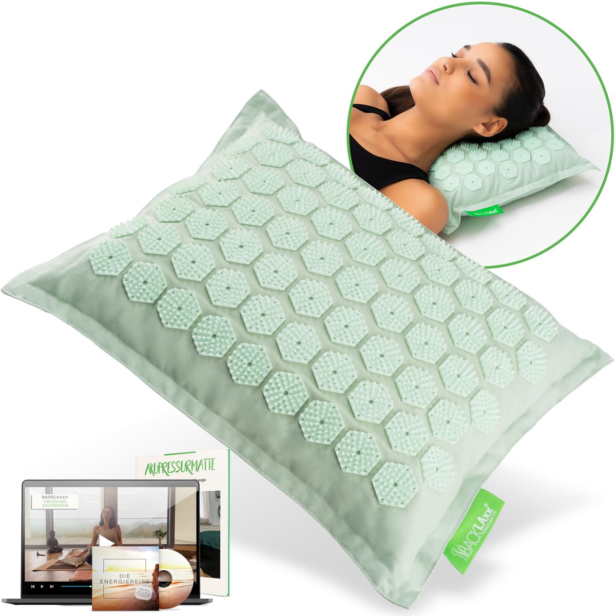 BACKLAXX Akupressurkissen in mintgrün mit 3.312 weißen hexagonalen Akupressurspitzen, Produkthauptbild
