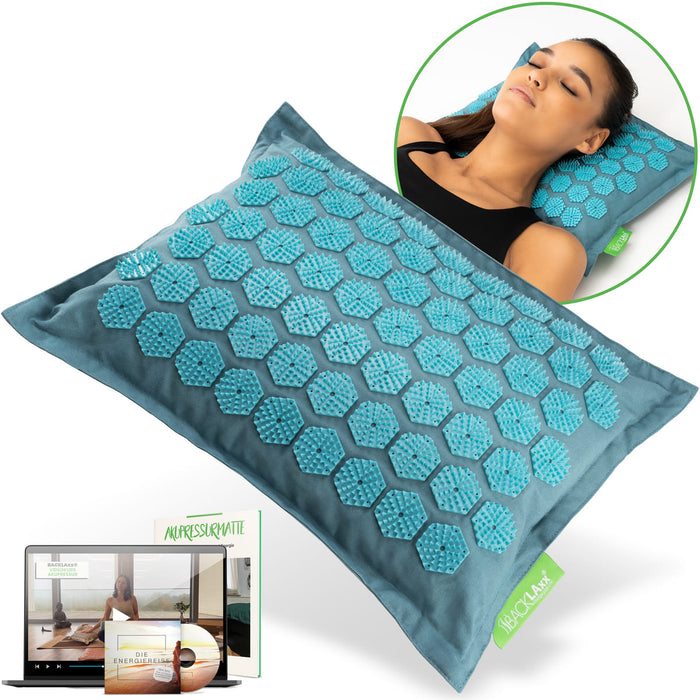 BACKLAXX Akupressurkissen in türkis mit 3.312 weißen hexagonalen Akupressurspitzen, Produkthauptbild