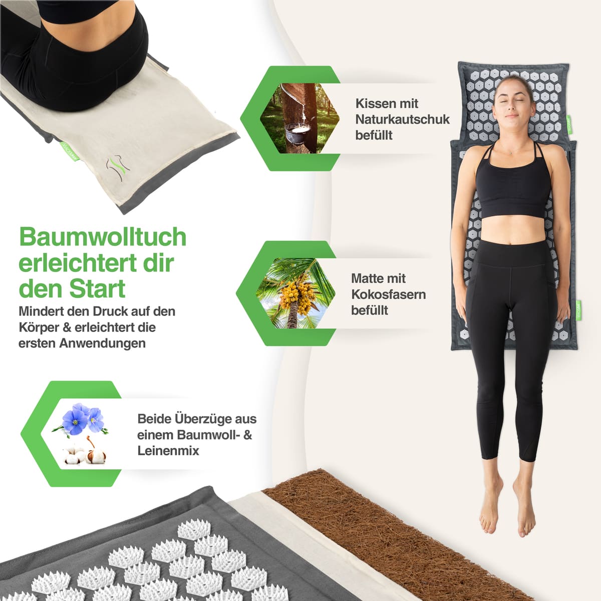 Kissen mit Naturkautschuk und Matte gefüllt mit Kokosfaser