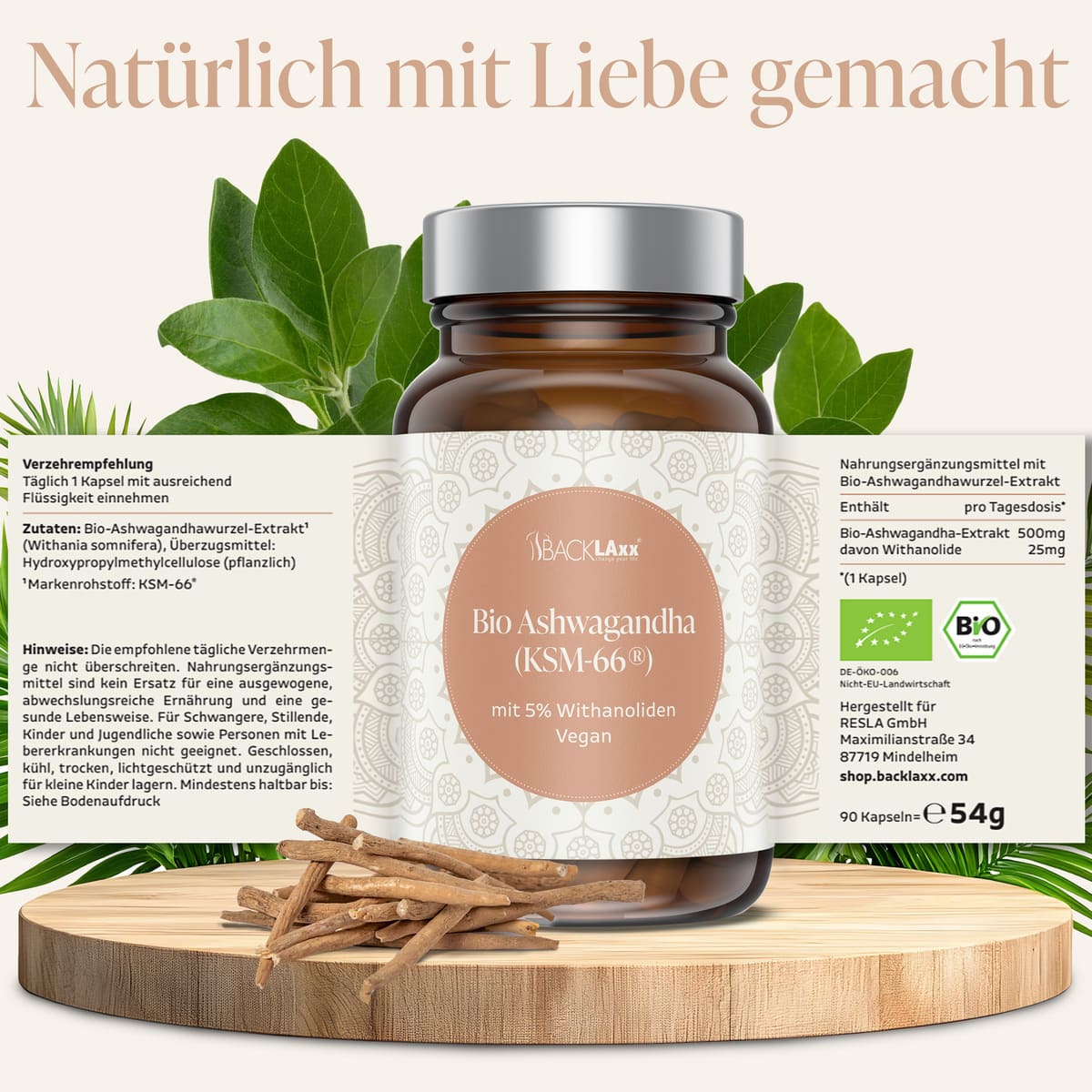 Bio Ashwagandha KSM-66® mit 5% Withanoliden - Veganes Nahrungsergänzungsmittel, 90 Kapseln (500mg), DE-ÖKO-006 zertifiziert
