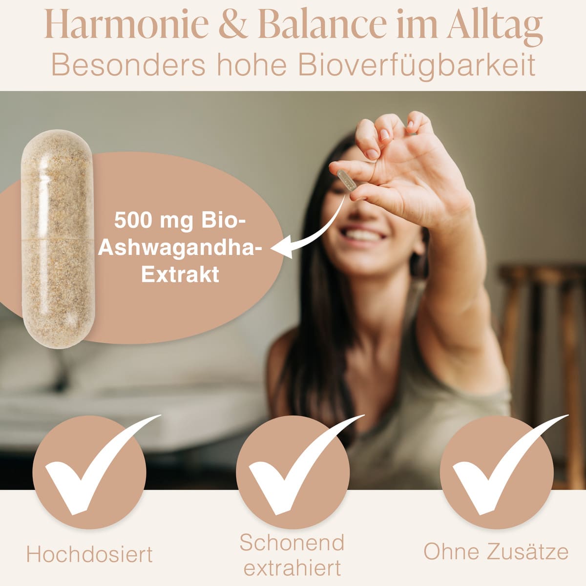 Bio-Ashwagandha-Extrakt 500mg für Harmonie und Balance - Hochdosierte Kapseln mit hoher Bioverfügbarkeit, schonend extrahiert, ohne Zusätze
