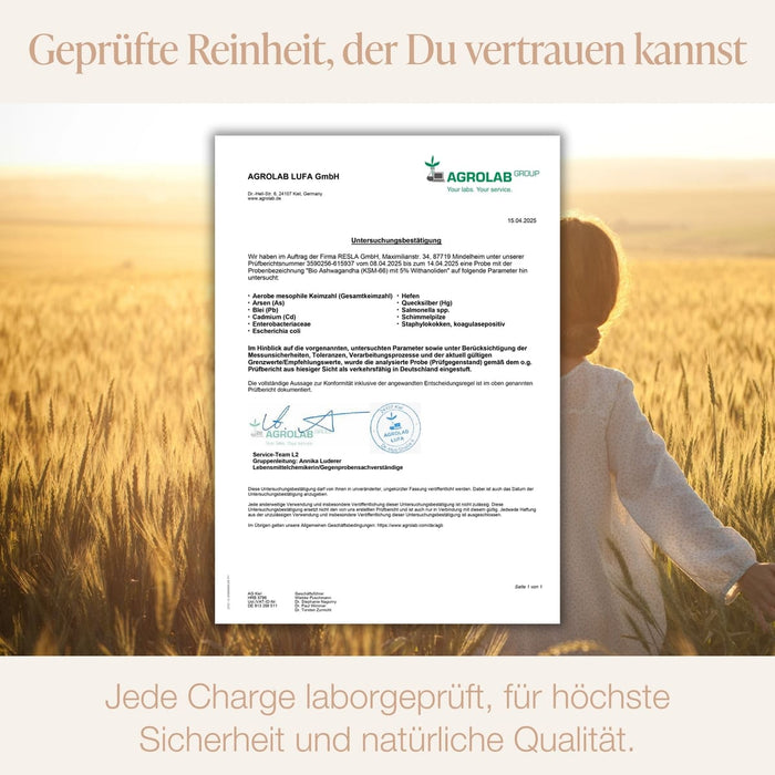 Bio-Ashwagandha in laborgeprüfter Reinheit - AGROLAB-zertifizierte Qualitätssicherung für höchste natürliche Standards und Vertrauen
