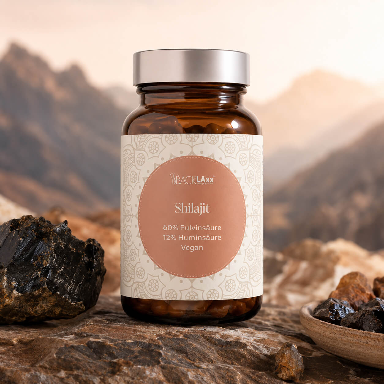 BACKLAXX® Shilajit Kapseln mit 60 % Fulvinsäure und 12 % Huminsäure aus dem Himalaya.