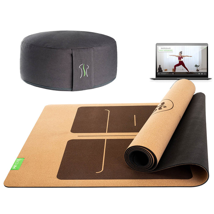 BACKLAXX Meditationsset mit grauem Meditationskissen und brauner Yogamatte mit Orientierungslinien - Inklusive Online-Yogakurs für ganzheitliche Entspannung
