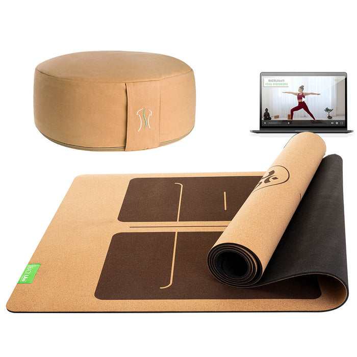 BACKLAXX Meditationsset mit apricotgelb Meditationskissen und brauner Yogamatte mit Orientierungslinien - Inklusive Online-Yogakurs für ganzheitliche Entspannung
