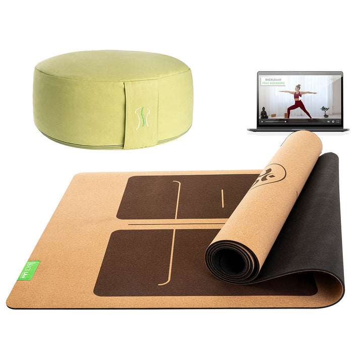 BACKLAXX Meditationsset mit limettengruen Meditationskissen und brauner Yogamatte mit Orientierungslinien - Inklusive Online-Yogakurs für ganzheitliche Entspannung
