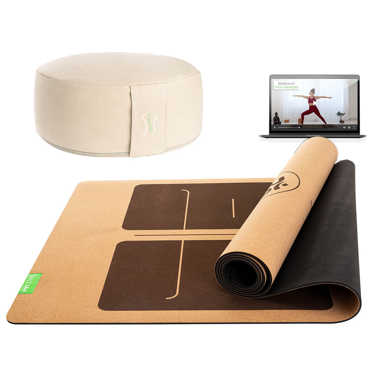 BACKLAXX Meditationsset mit naturfarbenen Meditationskissen und brauner Yogamatte mit Orientierungslinien - Inklusive Online-Yogakurs für ganzheitliche Entspannung
