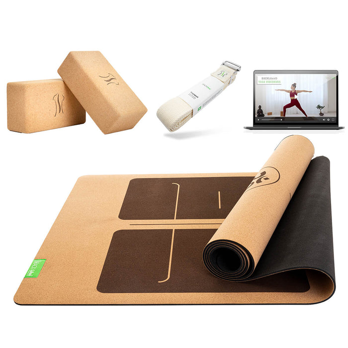 BACKLAXX Meditationsset mit naturfarbenen Yogagrut und brauner Yogamatte mit Orientierungslinien - Inklusive Online-Yogakurs für ganzheitliche Entspannung
