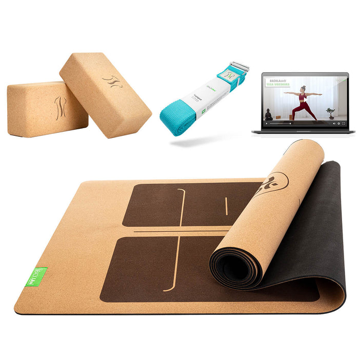 BACKLAXX Yoga-Set mit Matte mit Orientierungslinien, Kork-Blöcken und petrolblauem Yogagurt - Inklusive Online-Webinaren für ganzheitliches Yogaerlebnis zuhause

