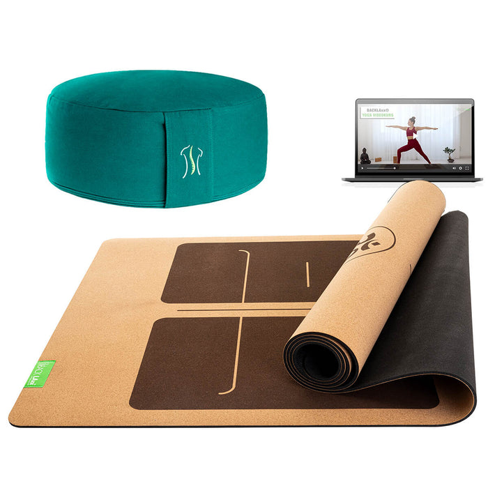 BACKLAXX Meditationsset mit smaragdrünem Meditationskissen und brauner Yogamatte mit Orientierungslinien - Inklusive Online-Yogakurs für ganzheitliche Entspannung
