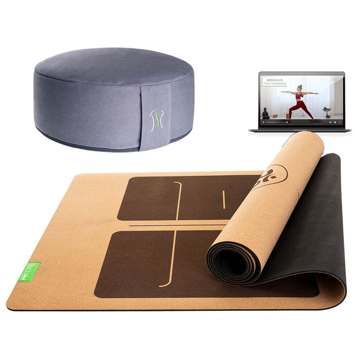 BACKLAXX Meditationsset mit taubenblauem Meditationskissen und brauner Yogamatte mit Orientierungslinien - Inklusive Online-Yogakurs für ganzheitliche Entspannung
