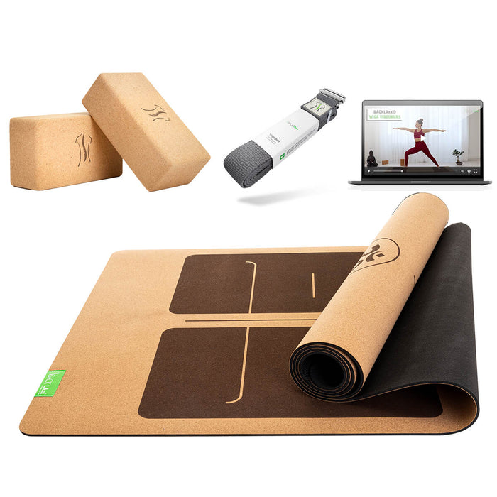 BACKLAXX Yoga-Set mit Matte mit Orientierungslinien, Kork-Blöcken und grauem Yogagurt - Inklusive Online-Webinaren für ganzheitliches Yogaerlebnis zuhause
