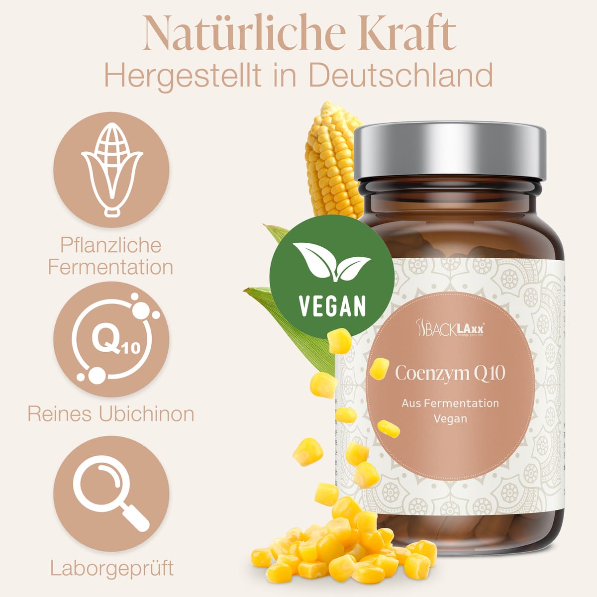 BACKLAXX Coenzym Q10 – vegan, aus pflanzlicher Fermentation mit reinem Ubichinon, laborgeprüft und hergestellt in Deutschland.
