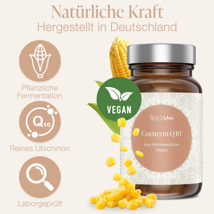 BACKLAXX Coenzym Q10 – vegan, aus pflanzlicher Fermentation mit reinem Ubichinon, laborgeprüft und hergestellt in Deutschland.