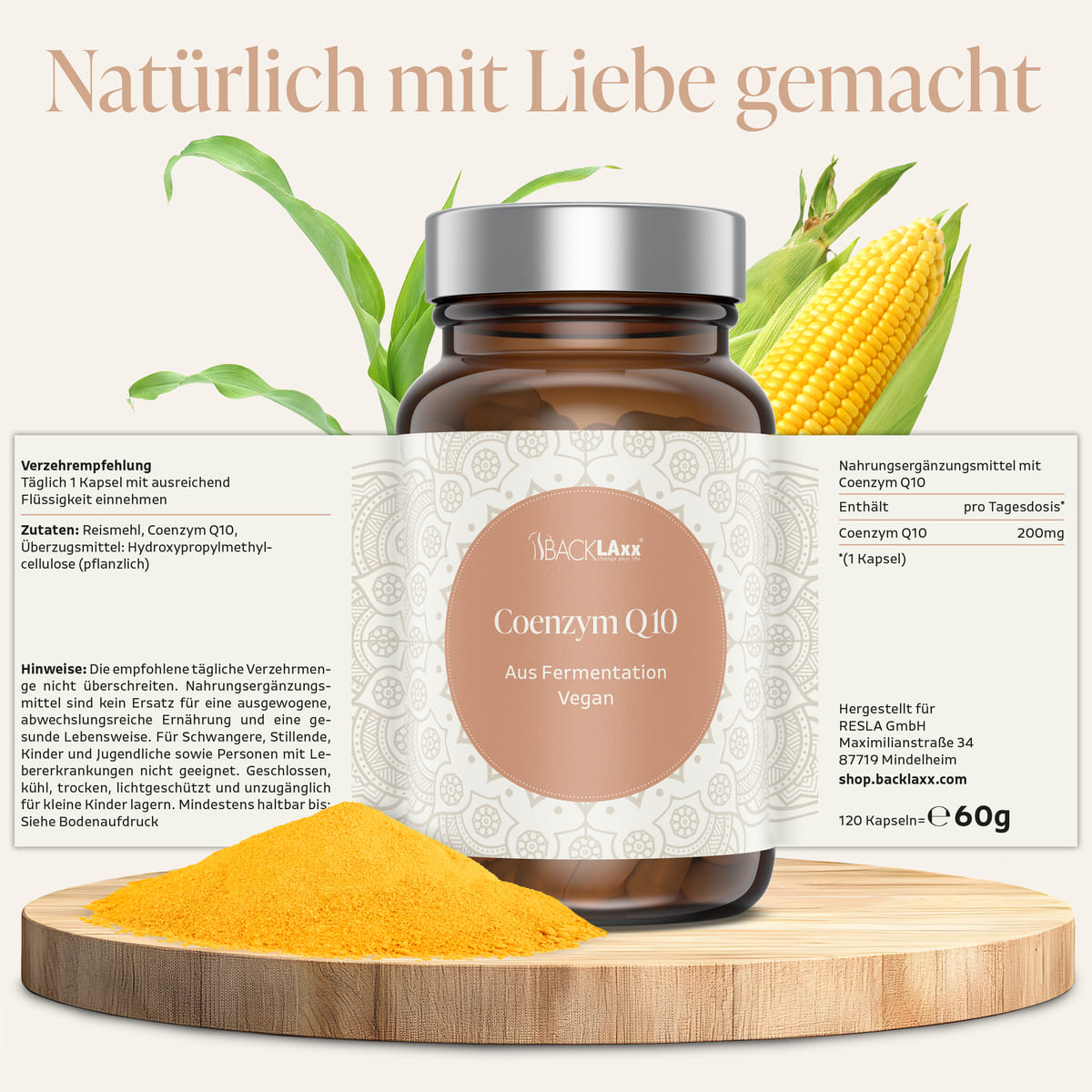 BACKLAXX Coenzym Q10 – veganes Nahrungsergänzungsmittel aus Fermentation, 200 mg pro Kapsel, hergestellt in Deutschland.