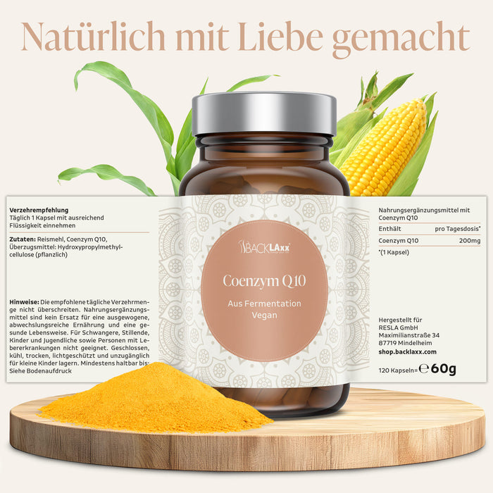 BACKLAXX Coenzym Q10 – veganes Nahrungsergänzungsmittel aus Fermentation, 200 mg pro Kapsel, hergestellt in Deutschland.