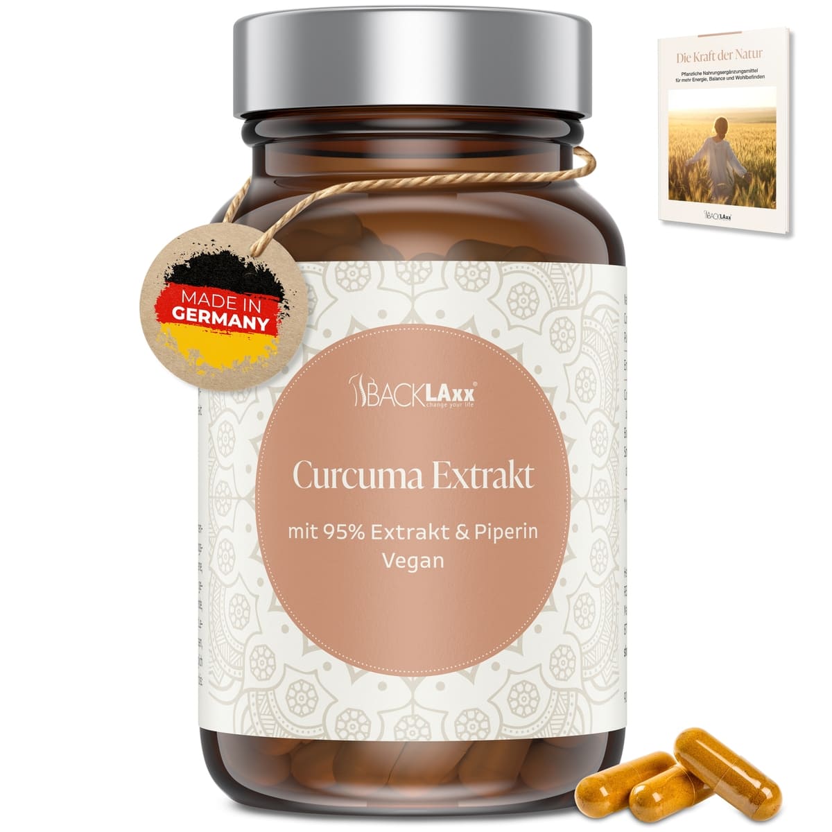 Weiße Curcuma-Dose mit orangem Etikett, gelbe Kapseln ausgeschüttet	