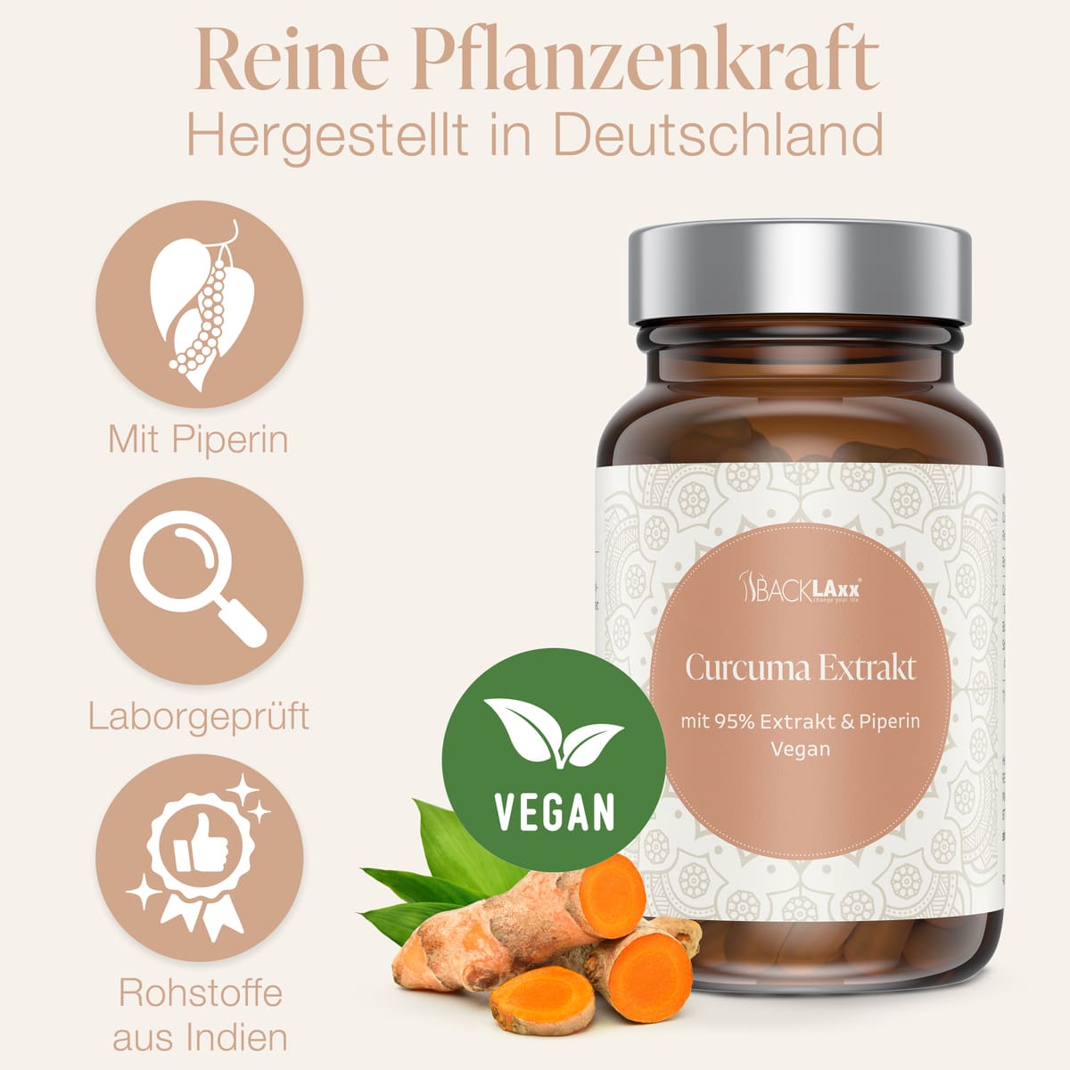 BACKLAXX Curcuma Flasche mit Qualitätssiegeln: Piperin-Zusatz, Laborgeprüft, Rohstoffe aus Indien - Reine Pflanzenkraft aus Deutschland
