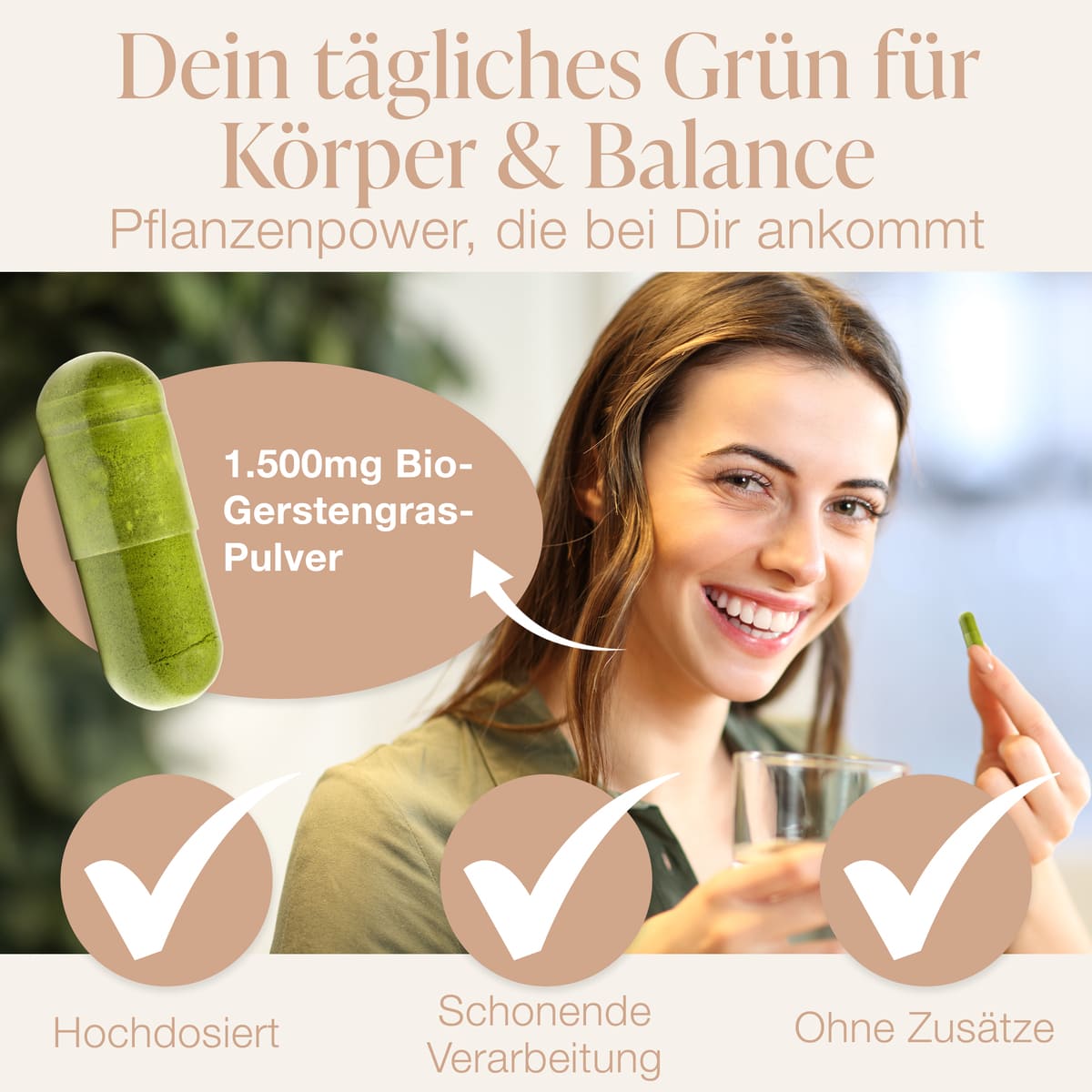 Bio-Gerstengras Kapsel 1500mg hochdosiert - Grüne vegane Nahrungsergänzung ohne Zusätze für tägliche Pflanzenpower