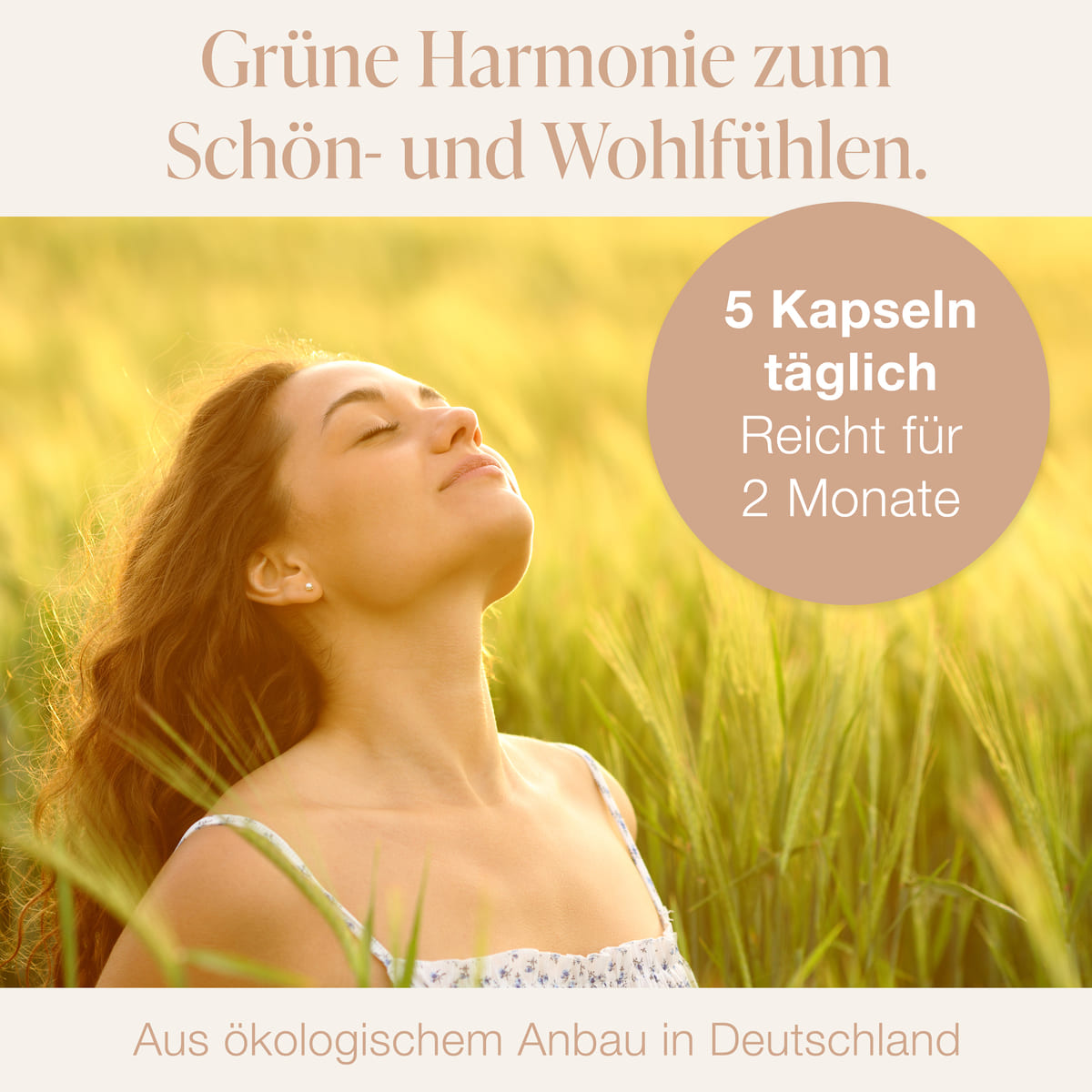 Grüne Harmonie für Wohlbefinden - Frau im Getreidefeld, 5 Kapseln täglich aus ökologischem Anbau Deutschland