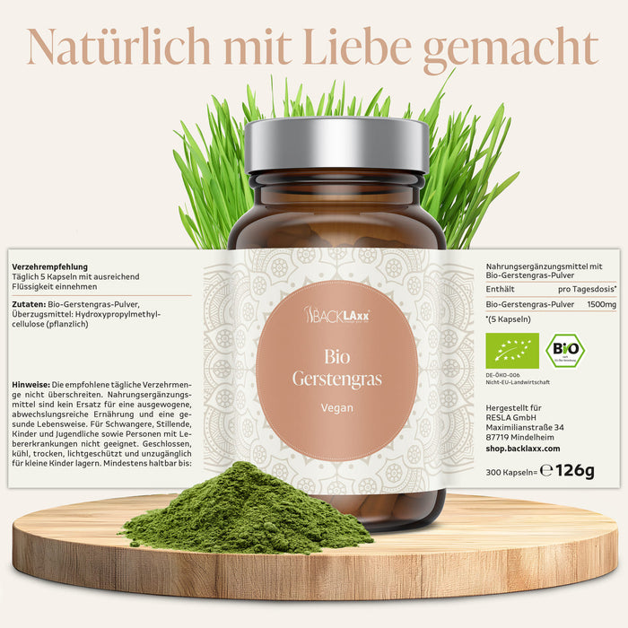 BACKLAxx Bio Gerstengras Kapseln – vegan, aus deutschem Bio-Anbau, natürlich hergestellt mit Liebe und höchster Qualität.