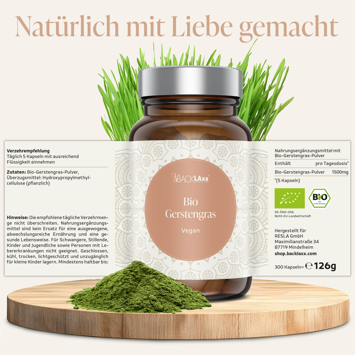 BACKLAxx Bio Gerstengras Kapseln – vegan, aus deutschem Bio-Anbau, natürlich hergestellt mit Liebe und höchster Qualität.