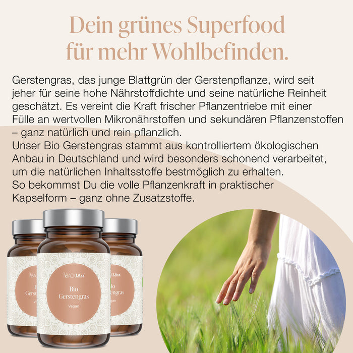BACKLAxx Bio Gerstengras Superfood – natürliches Wohlbefinden aus deutschem Bio-Anbau, reich an Mikronährstoffen und vegan.
