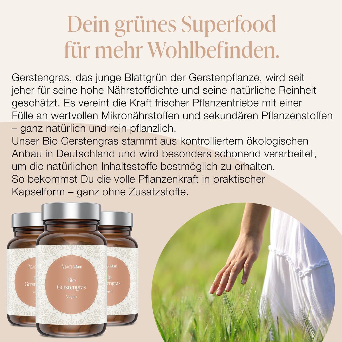 BACKLAxx Bio Gerstengras Superfood – natürliches Wohlbefinden aus deutschem Bio-Anbau, reich an Mikronährstoffen und vegan.