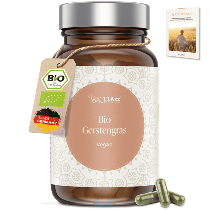 BACKLAxx Bio Gerstengras Kapseln – vegan, aus kontrolliertem Bio-Anbau in Deutschland, hochwertig und natürlich hergestellt.