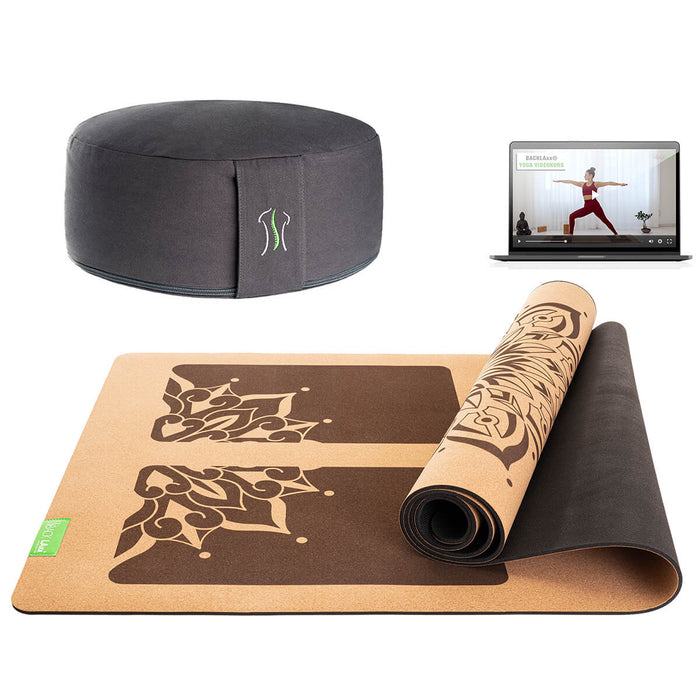 BACKLAXX Meditationsset mit grauem Meditationskissen und brauner Yogamatte mit Mandala-Muster - Inklusive Online-Yogakurs für ganzheitliche Entspannung