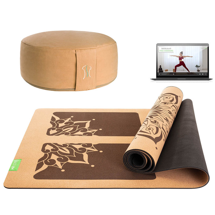 BACKLAXX Meditationsset mit apricotgelbem Meditationskissen und brauner Yogamatte mit Mandala-Muster - Inklusive Online-Yogakurs für ganzheitliche Entspannung
