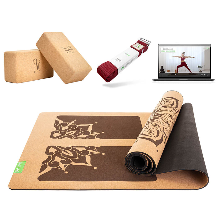 BACKLAXX Yoga-Set mit dezenter Mandala-Matte, Kork-Blöcken und dunkelrotem Yogagurt - Inklusive Online-Webinaren für ganzheitliches Yogaerlebnis zuhause
