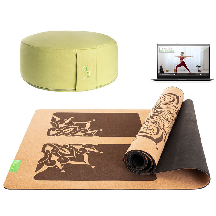 BACKLAXX Meditationsset mit limettengrünem Meditationskissen und brauner Yogamatte mit Mandala-Muster - Inklusive Online-Yogakurs für ganzheitliche Entspannung
