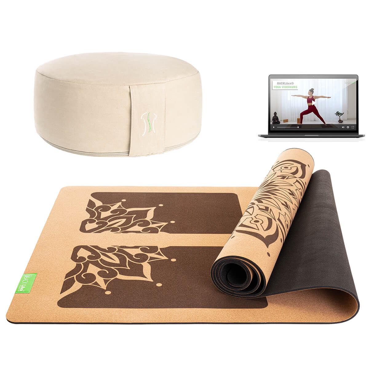 BACKLAXX Meditationsset mit naturfarbenem Meditationskissen und brauner Yogamatte mit Mandala-Muster - Inklusive Online-Yogakurs für ganzheitliche Entspannung
