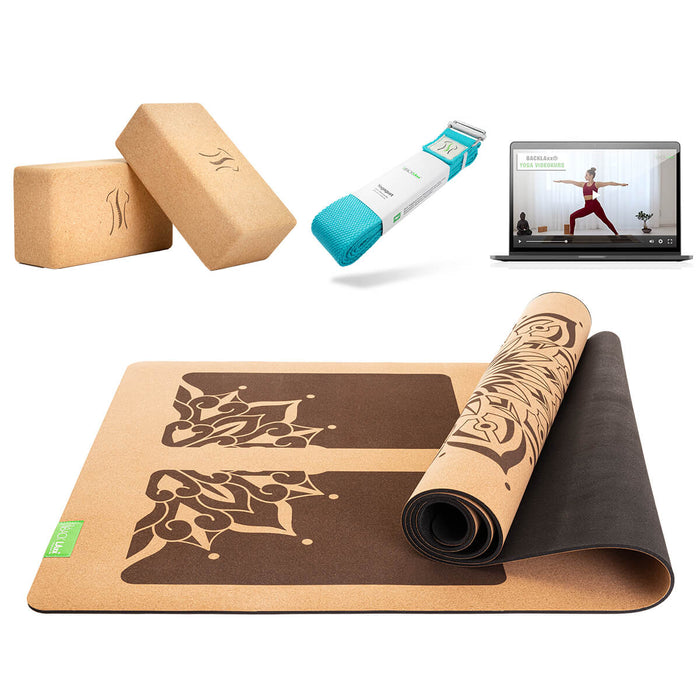 BACKLAXX Yoga-Set mit dezenter Mandala-Matte, Kork-Blöcken und petrolblauen Yogagurt - Inklusive Online-Webinaren für ganzheitliches Yogaerlebnis zuhause