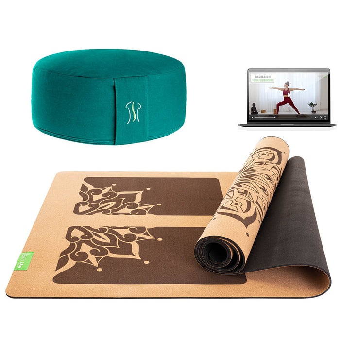 BACKLAXX Meditationsset mit smaragdrünem Meditationskissen und brauner Yogamatte mit Mandala-Muster - Inklusive Online-Yogakurs für ganzheitliche Entspannung
