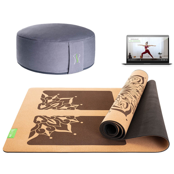 BACKLAXX Meditationsset mit taubenblauem Meditationskissen und brauner Yogamatte mit Mandala-Muster - Inklusive Online-Yogakurs für ganzheitliche Entspannung