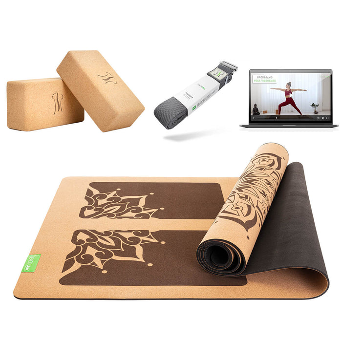 BACKLAXX Yoga-Set mit dezenter Mandala-Matte, Kork-Blöcken und grauem Yogagurt - Inklusive Online-Webinaren für ganzheitliches Yogaerlebnis zuhause
