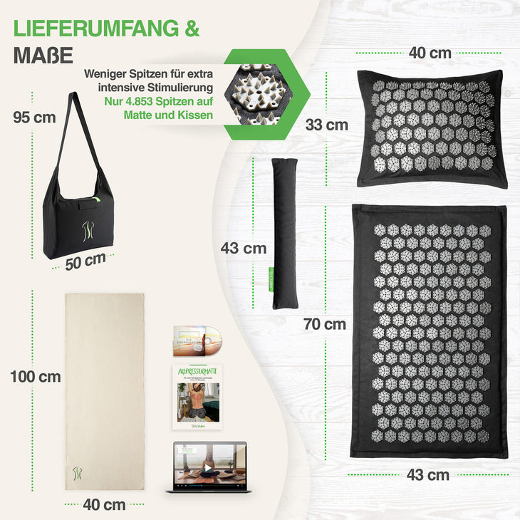 Akupressurmatte, Akupressurkissen, Lendenkissen, Tragetasche, Baumwolltuch, E-Book, Hörbuch und Videokurs