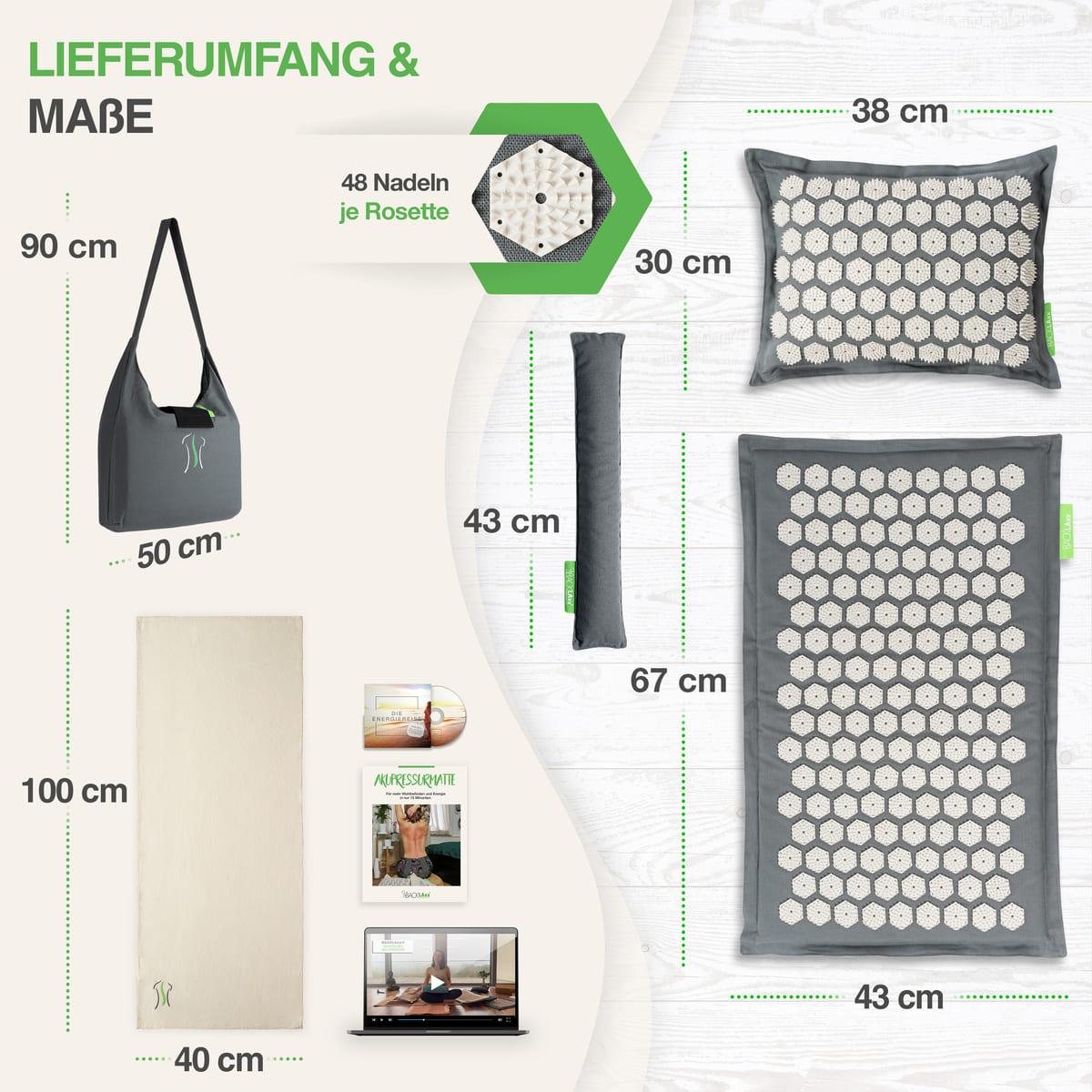 Akupressurmatte, Akupressurkissen, Lendenkissen, Tragetasche, Baumwolltuch, E-Book, Hörbuch und Videokurs