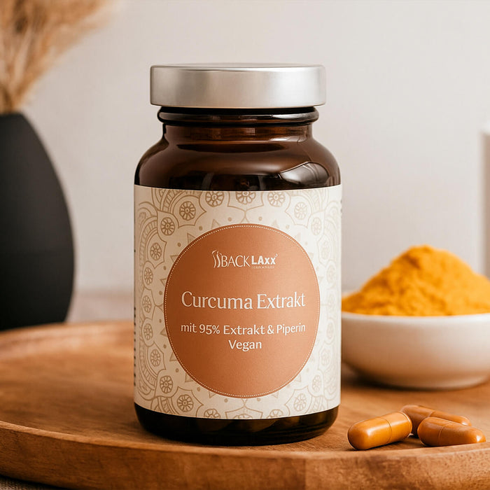 Dunkle BACKLAXX Curcuma Glasflasche mit silbernem Deckel, umgeben von Curcuma Pulver als Lifestyle-Darstellung
