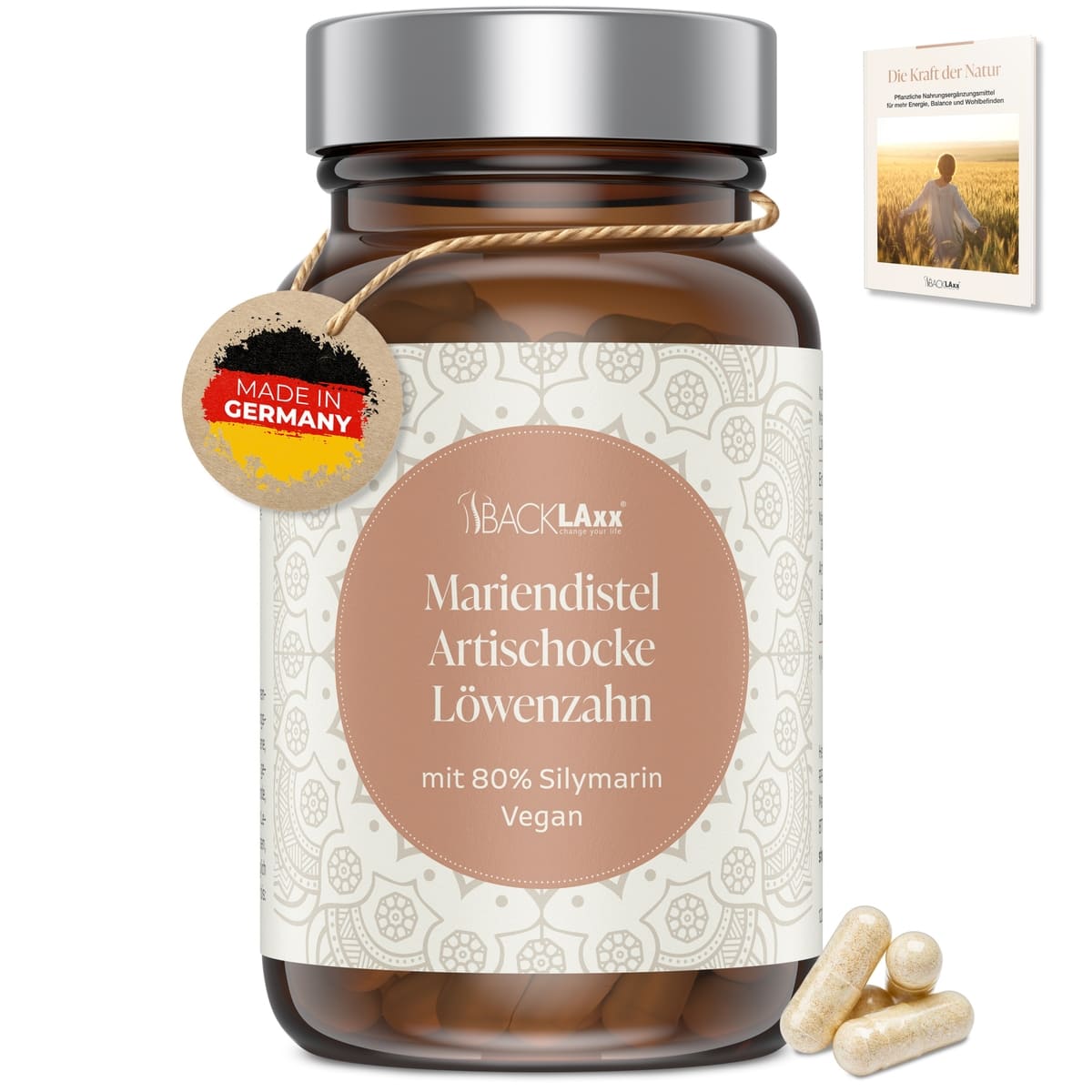 Weiße Mariendistel-Dose mit lila Etikett, dunkle Kapseln neben der Dose	