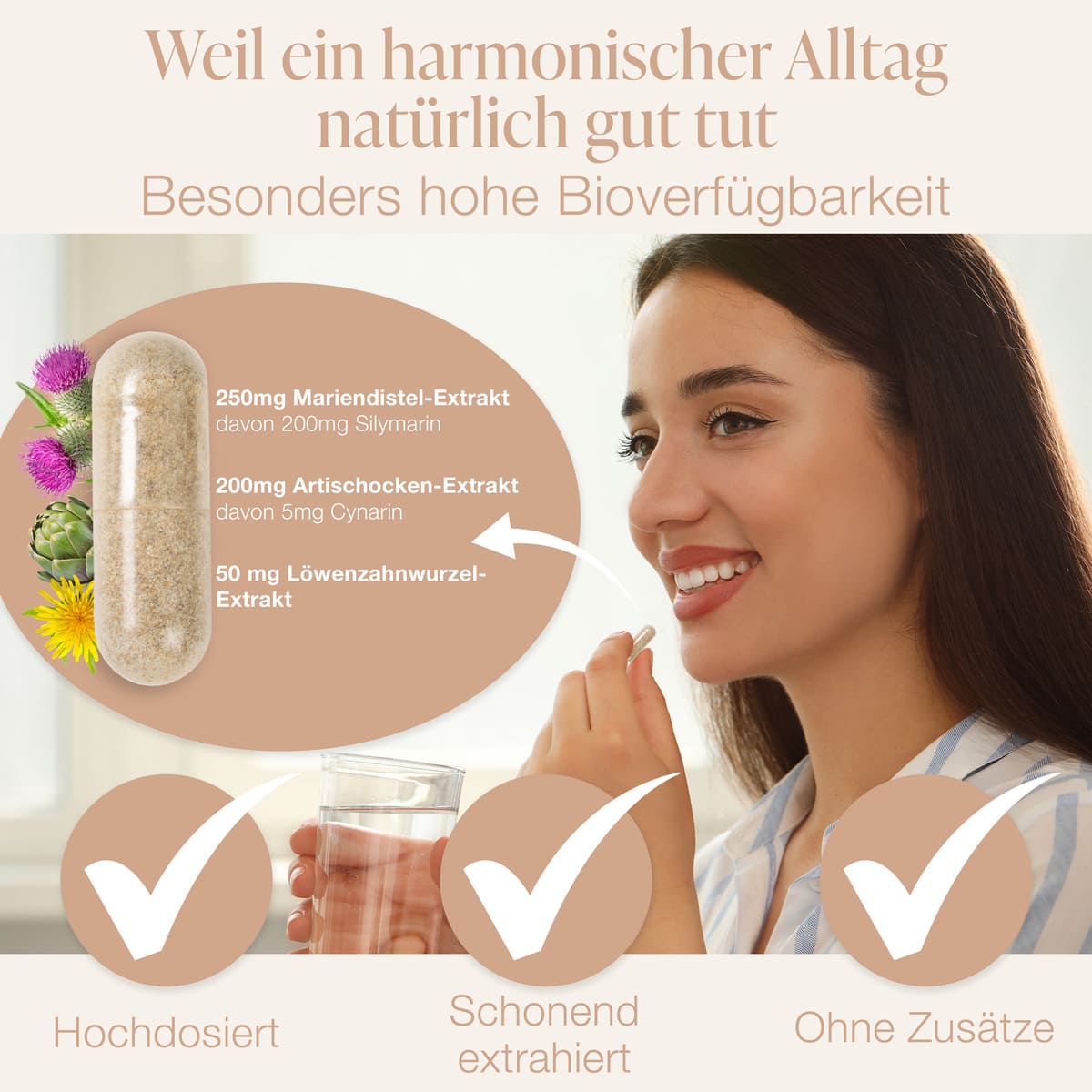 BACKLAXX® Grafik: Frau nimmt Kapsel; daneben Visual mit Mariendistel-, Artischocke- & Löwenzahn-Extrakt; Claims hochdosiert & ohne Zusätze.