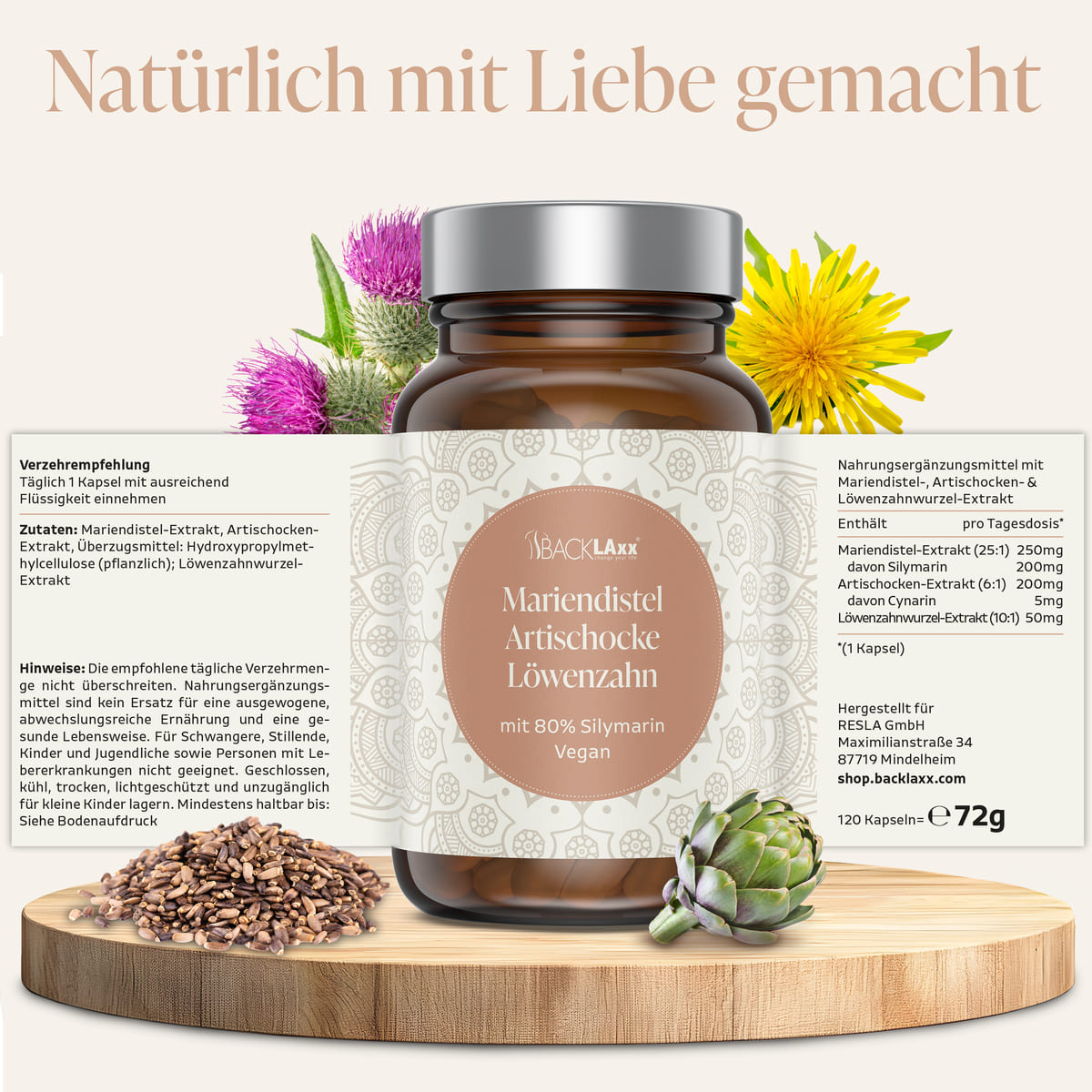 Vegane Mariendistel Kapseln mit 80% Silymarin, Artischocke und Löwenzahn - Natürliches Leberschutz-Nahrungsergänzungsmittel, 120 Stück