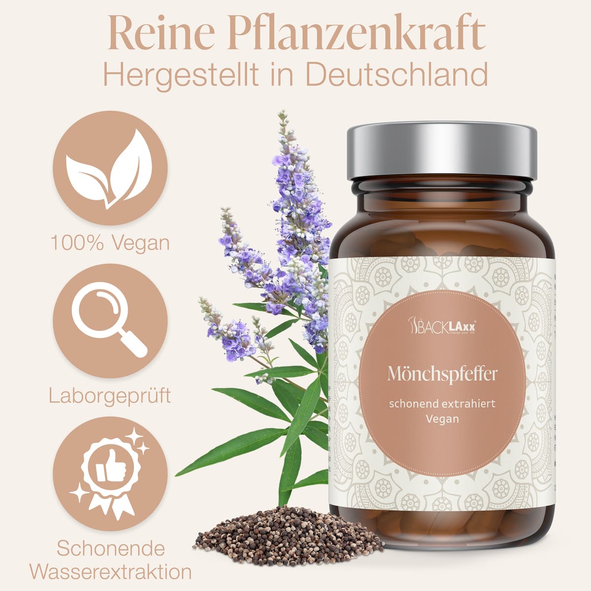 Mönchspfeffer von BACKLAXX®, hergestellt in Deutschland: veganes, laborgeprüftes Pflanzenextrakt im Braunglas vor der Pflanze