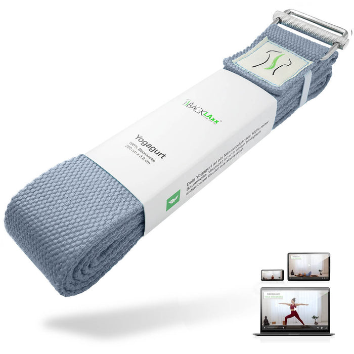 Yogagurt, neben einem Laptop mit Yoga-Video