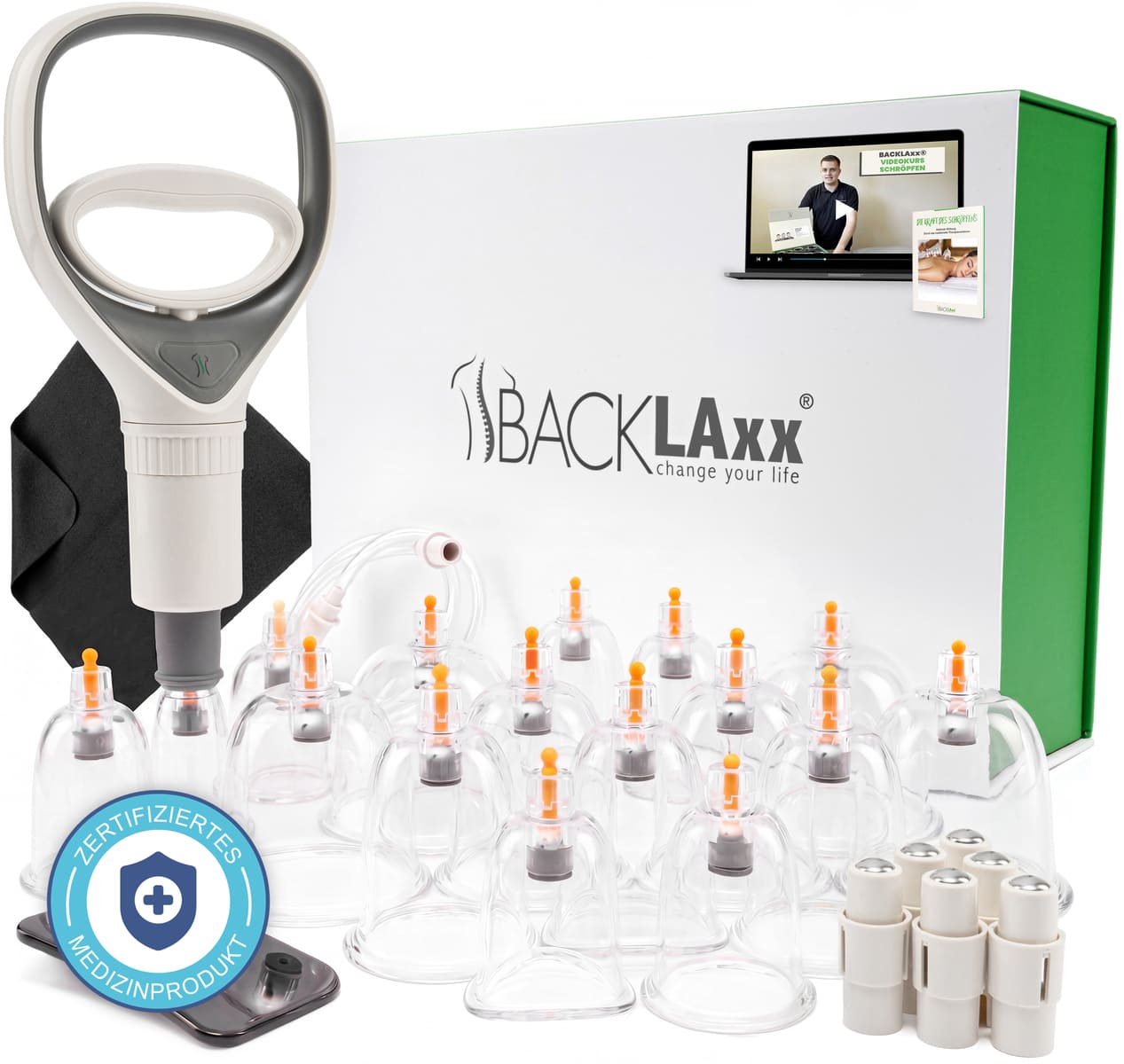 Schröpfgläser Set mit 16 Gläsern, Vakuumpumpe, Verlängerungsschlauch, 6 Therapiemagneten, Faszienschaber, Mikrofasertuch und Aufbewahrungsbox