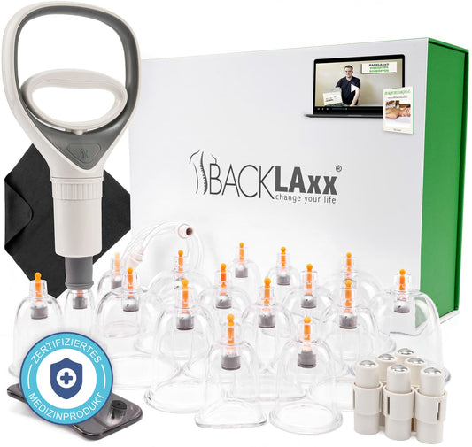 Schröpfgläser Set mit 16 Gläsern, Vakuumpumpe, Verlängerungsschlauch, 6 Therapiemagneten, Faszienschaber, Mikrofasertuch und Aufbewahrungsbox