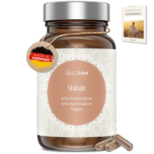 BACKLAXX Shilajit Kapseln – vegan, mit 60 % Fulvinsäure und 12 % Huminsäure, hochwertig hergestellt in Deutschland für natürliche Energie.